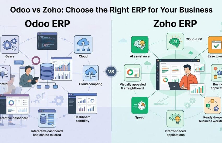 A comparison infographic titled "Odoo vs Zoho: Choose the Right ERP for Your Business," with Odoo ERP on the left in blue tones emphasizing open-source flexibility, and Zoho ERP on the right in green tones highlighting cloud-first simplicity. The center has a "VS" divider.