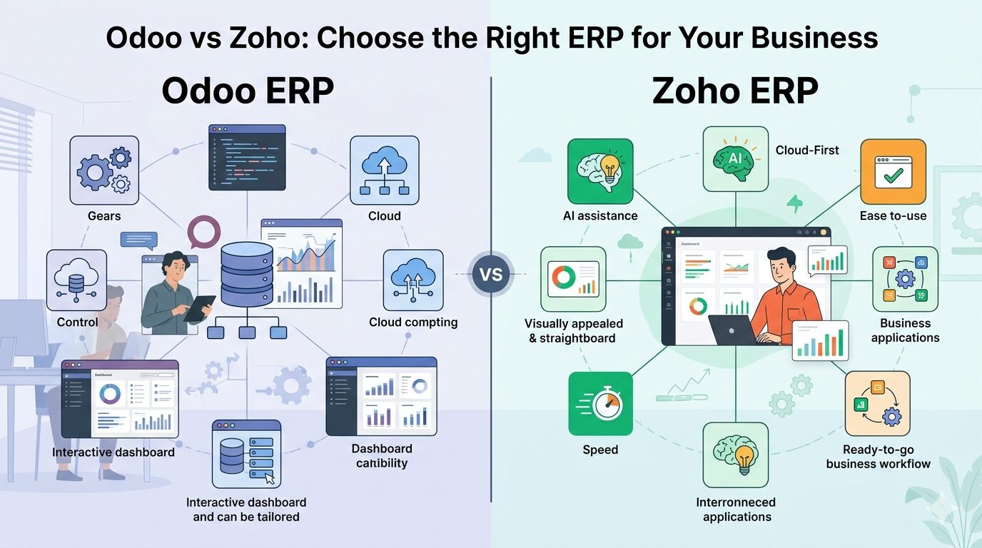 A comparison infographic titled "Odoo vs Zoho: Choose the Right ERP for Your Business," with Odoo ERP on the left in blue tones emphasizing open-source flexibility, and Zoho ERP on the right in green tones highlighting cloud-first simplicity. The center has a "VS" divider.