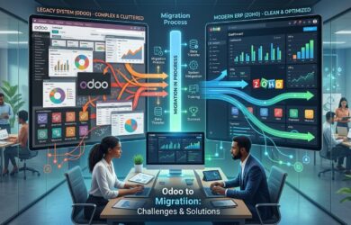 Odoo to Zoho migration concept showing data transfer, ERP transformation, and business workflow optimization between two systems with modern dashboard visuals