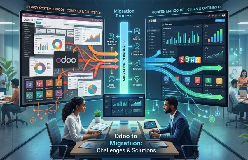 Odoo to Zoho migration concept showing data transfer, ERP transformation, and business workflow optimization between two systems with modern dashboard visuals