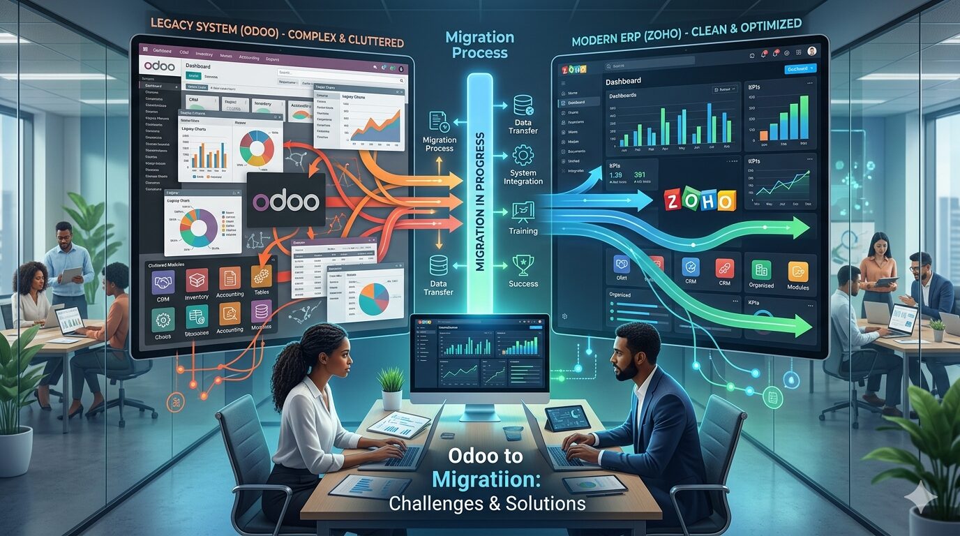 Odoo to Zoho migration concept showing data transfer, ERP transformation, and business workflow optimization between two systems with modern dashboard visuals