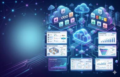 Cloud ERP software dashboard showing Odoo ERP, Zoho CRM integration, business automation, inventory management, accounting, sales analytics, and cloud-based enterprise resource planning system