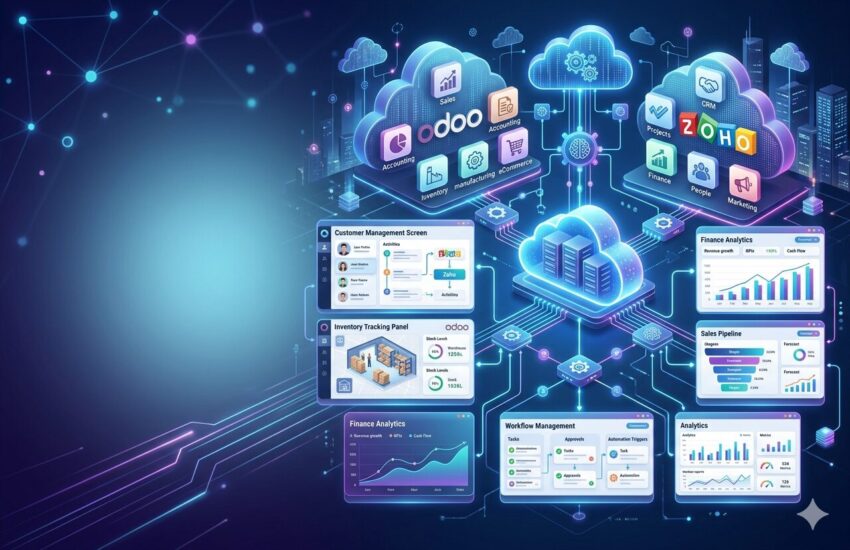Cloud ERP software dashboard showing Odoo ERP, Zoho CRM integration, business automation, inventory management, accounting, sales analytics, and cloud-based enterprise resource planning system