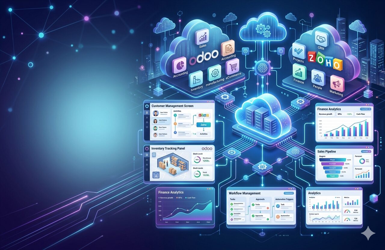 Cloud ERP software dashboard showing Odoo ERP, Zoho CRM integration, business automation, inventory management, accounting, sales analytics, and cloud-based enterprise resource planning system