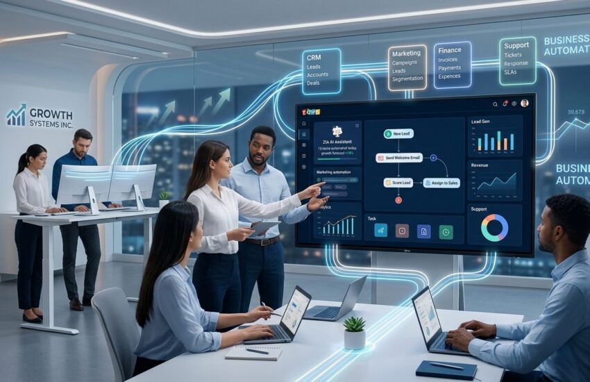 Zoho automation dashboard showing CRM workflows, marketing automation, analytics, and AI-driven business growth system