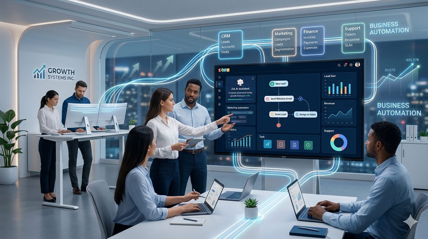 Zoho automation dashboard showing CRM workflows, marketing automation, analytics, and AI-driven business growth system