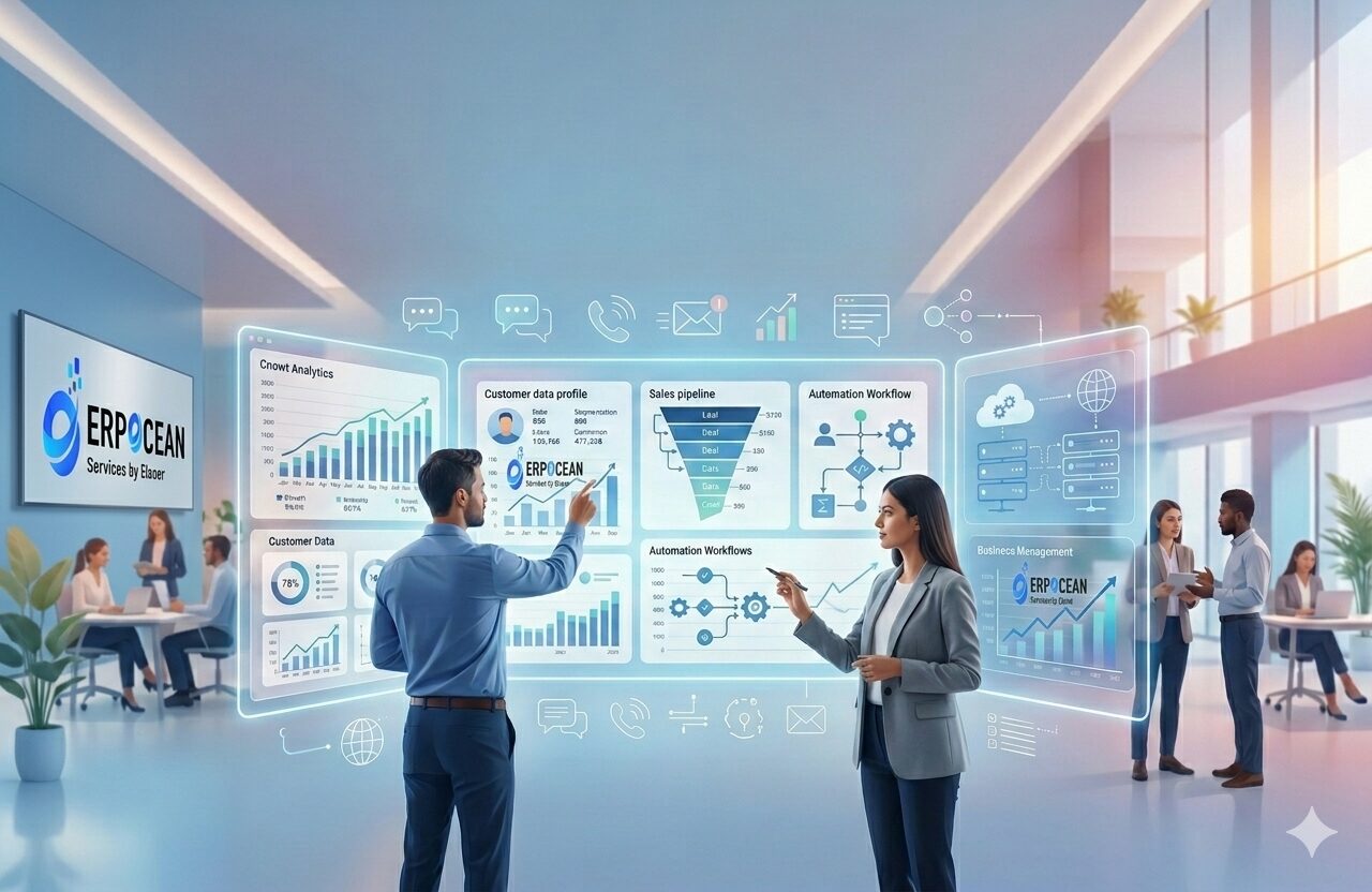 Zoho CRM dashboard with business team managing customer relationships, sales automation, and cloud-based CRM software for growing businesses