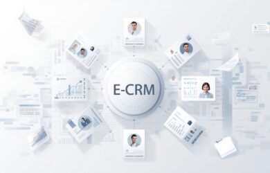 Illustration showing the transition from spreadsheets to CRM management software for organized customer data and improved team collaboration.