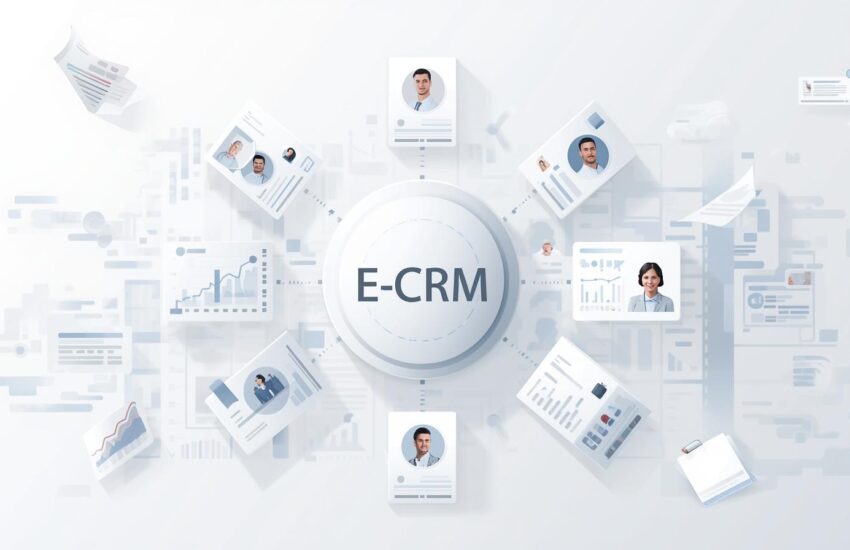Illustration showing the transition from spreadsheets to CRM management software for organized customer data and improved team collaboration.