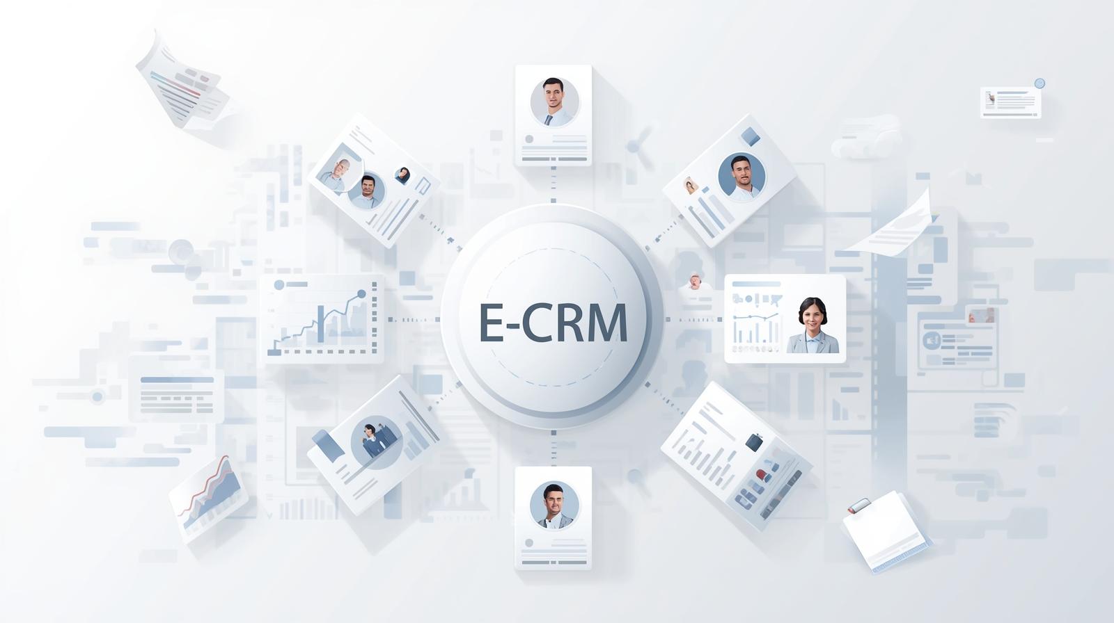 Illustration showing the transition from spreadsheets to CRM management software for organized customer data and improved team collaboration.