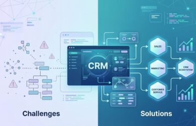 CRM implementation challenges illustration showing data integration, workflow automation, and connected CRM systems for businesses – ERPOcean