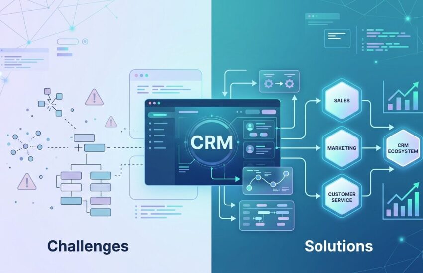 CRM implementation challenges illustration showing data integration, workflow automation, and connected CRM systems for businesses – ERPOcean