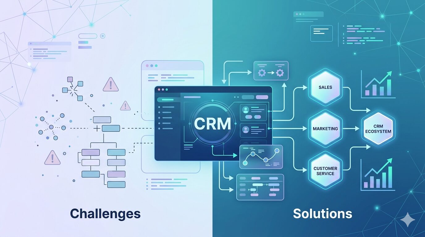 CRM implementation challenges illustration showing data integration, workflow automation, and connected CRM systems for businesses – ERPOcean