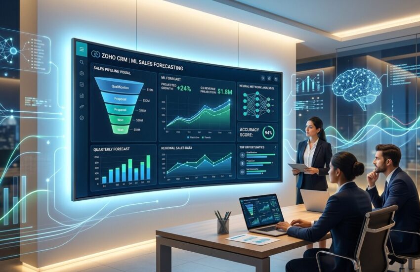 "Zoho CRM dashboard with machine learning-powered sales forecasting software showing predictive sales analytics and revenue trends."
