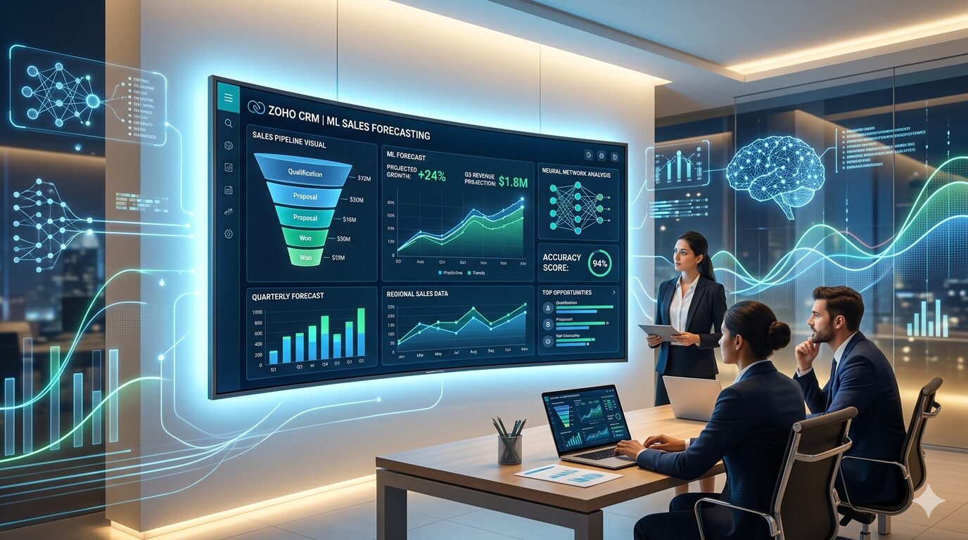 "Zoho CRM dashboard with machine learning-powered sales forecasting software showing predictive sales analytics and revenue trends."