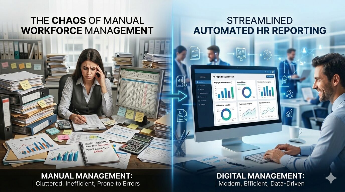 HR reporting challenges caused by manual workforce management and automated HRMS solution by ERPOcean