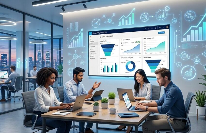 Microsoft Dynamics tools dashboard showing CRM, ERP, and business automation features for startup growth
