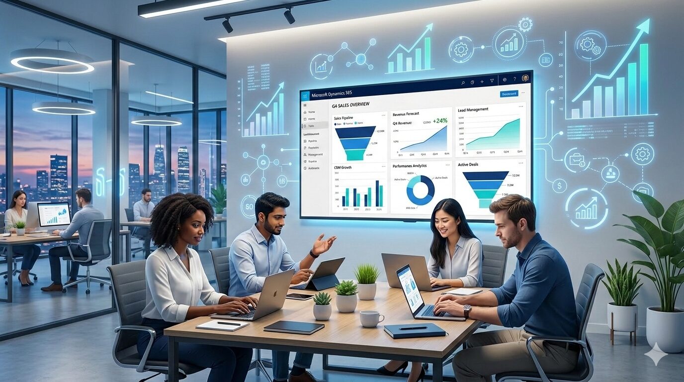 Microsoft Dynamics tools dashboard showing CRM, ERP, and business automation features for startup growth