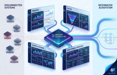 Microsoft Dynamics 365 ERP integration showing connected business systems with real-time data flow