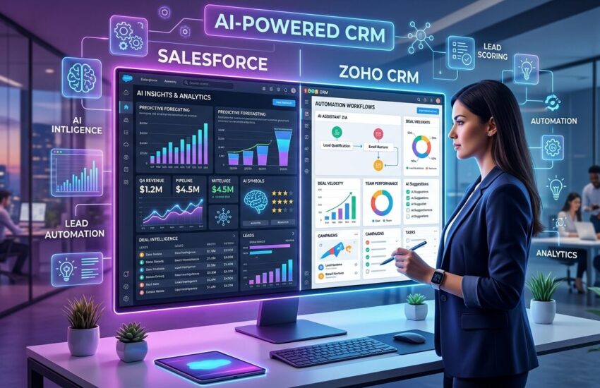 Salesforce vs Zoho CRM comparison showing AI features, dashboards, and automation tools in 2026