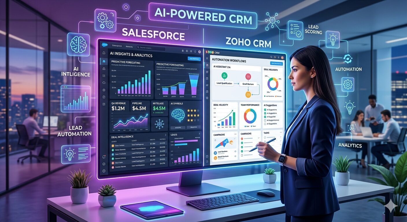 Salesforce vs Zoho CRM comparison showing AI features, dashboards, and automation tools in 2026