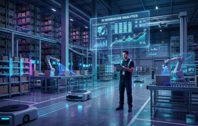 AI-powered smart warehouse management system with automated inventory tracking, robotics, logistics automation, and real-time supply chain analytics.