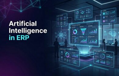 ERPocean Artificial Intelligence in ERP dashboard with CRM automation, business intelligence analytics, workflow automation, and AI-powered enterprise management system.