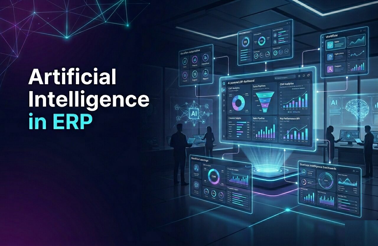 ERPocean Artificial Intelligence in ERP dashboard with CRM automation, business intelligence analytics, workflow automation, and AI-powered enterprise management system.