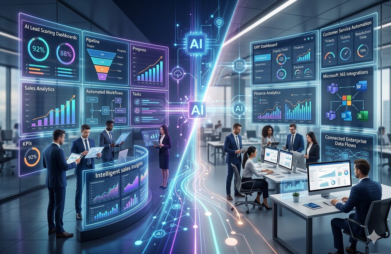 Salesforce vs Dynamics 365 AI CRM comparison with CRM automation, enterprise CRM solutions, Salesforce automation tools, and Microsoft Dynamics 365 services.
