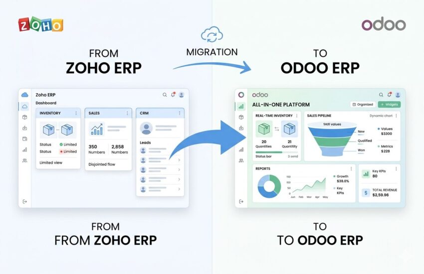 Zoho to Odoo migration showing unified sales and inventory dashboard with real-time data